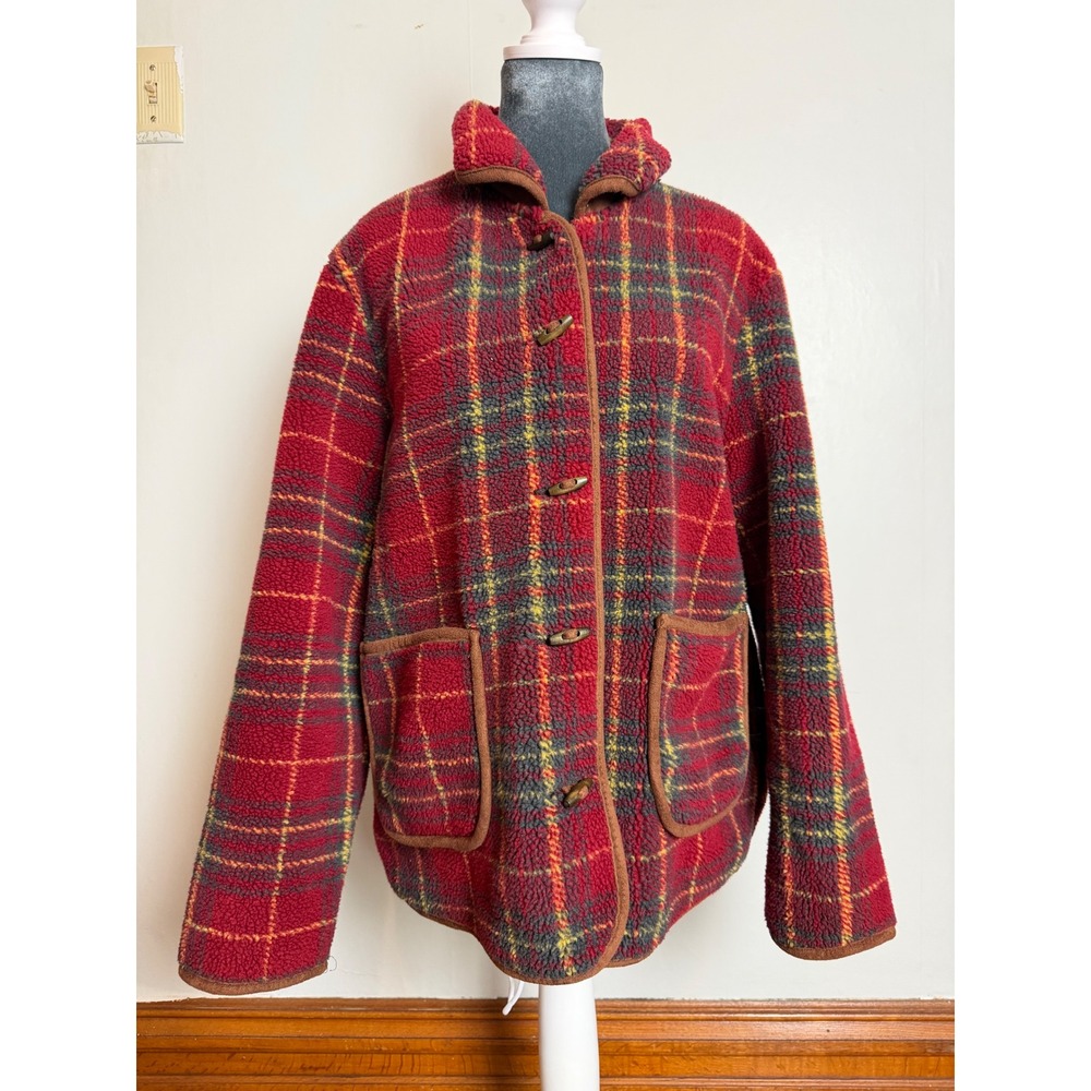 Orvis Red Plaid Fleece Toggle Jacket fleece chore Coat coastal barn country M